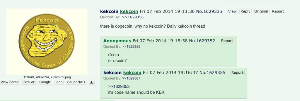 Original Kekcoin proposal on 4chan /s4s/, Feb 7 2014